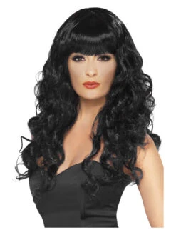 Siren Women's Black Wig Long & Curly Fringe