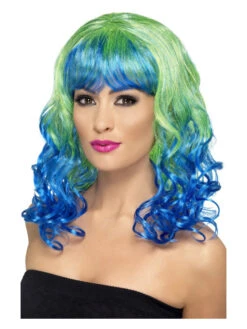 Divatastic Wig Blue & Green Two Toned Wavy Long Bob Fringe