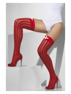 Sheer Women's Red Hold-Ups With Vertical Stripes