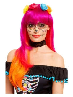 Day Of The Dead Pink Women's Wig With Flowers
