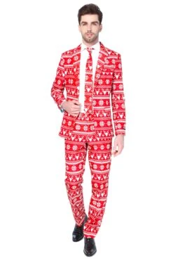 Christmas Red Nordic Patterned Men's Suit