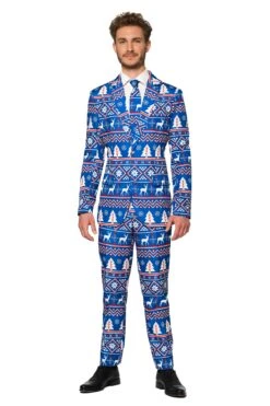 Christmas Blue Nordic Patterned Men's Suit