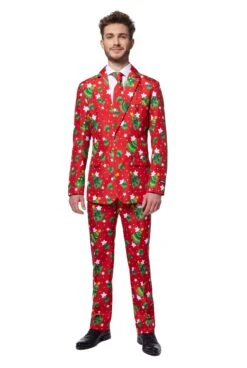 Christmas Trees & Stars Patterned Men's Suit -Family Halloween Store Sales Store OBAS 1005 X MasTreesRed 05