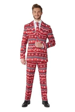 Christmas Nordic Pixel Red Patterned Men's Suit