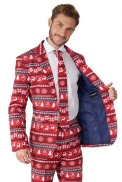 Christmas Nordic Pixel Red Patterned Men's Suit -Family Halloween Store Sales Store OBAS 1007 Christmas Nordic Pixel Red 04