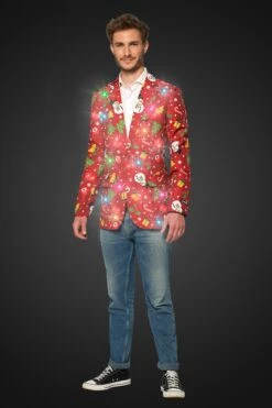 Christmas Red Decorations - Light Up Men's Patterned Jacket -Family Halloween Store Sales Store OBJM 0068 Christmas Red Icons LU studio e light up