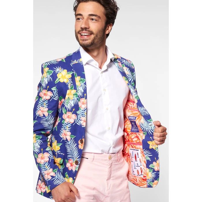 Tropical Flowers - Blue Hawaiian Mens Blazer 3 Tropical Flowers - Blue Hawaiian Mens Blazer - Image 3
