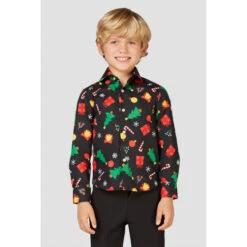 Opposuits Christmas Icons Black Boy's Long Sleeved Christmas Shirt