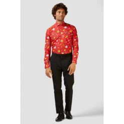 Opposuits Christmas Doodle Red Men's Christmas Shirt -Family Halloween Store Sales Store ossm 0018 christmas icons doodle red dress shirt 03 ryuslac8xsuitkes